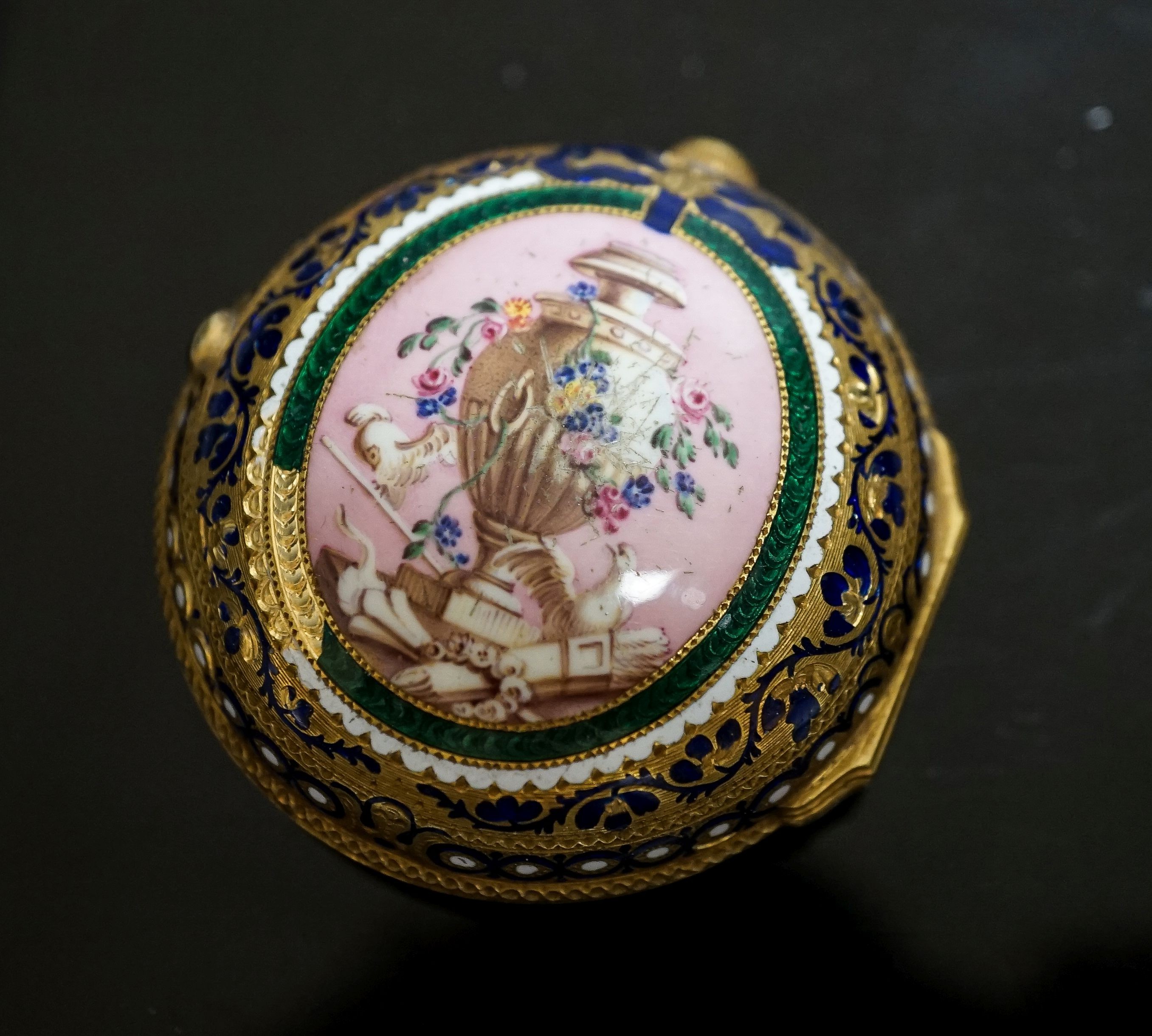 A 19th century yellow metal and enamelled pocket watch watch case (enamel a.f.), 48mm, gross weight 31.6 grams.